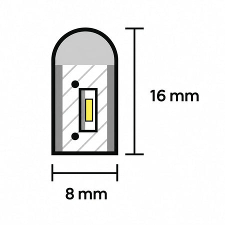 8×16mm neon flex cross-section dimension diagram showing 8mm width and 16mm height