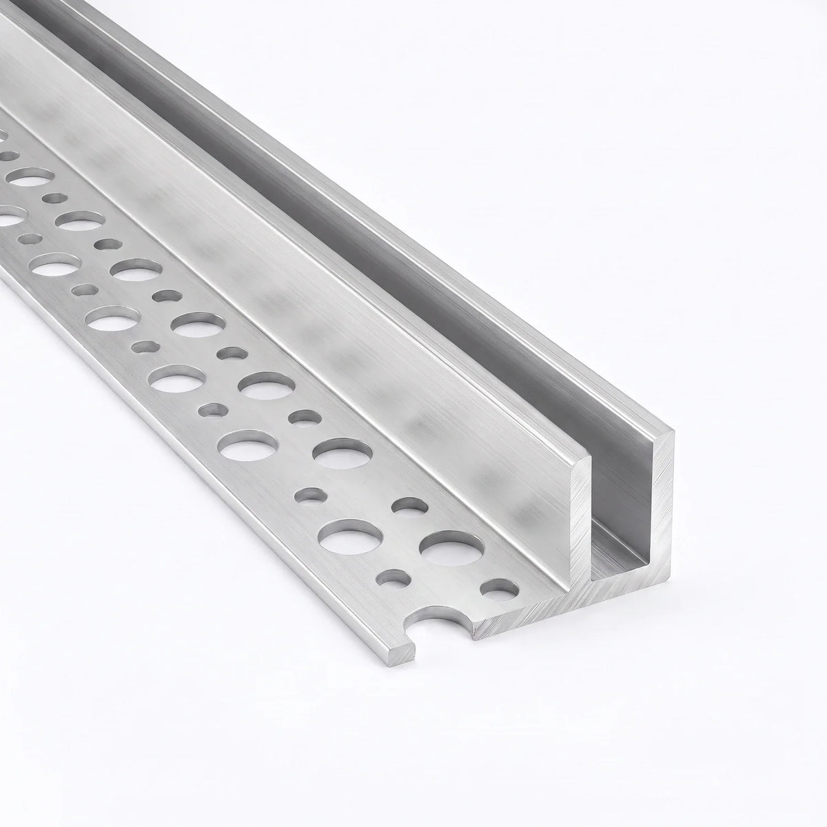 Elevated view of tile-in LED Neon Flex Profile with perforated mounting flange