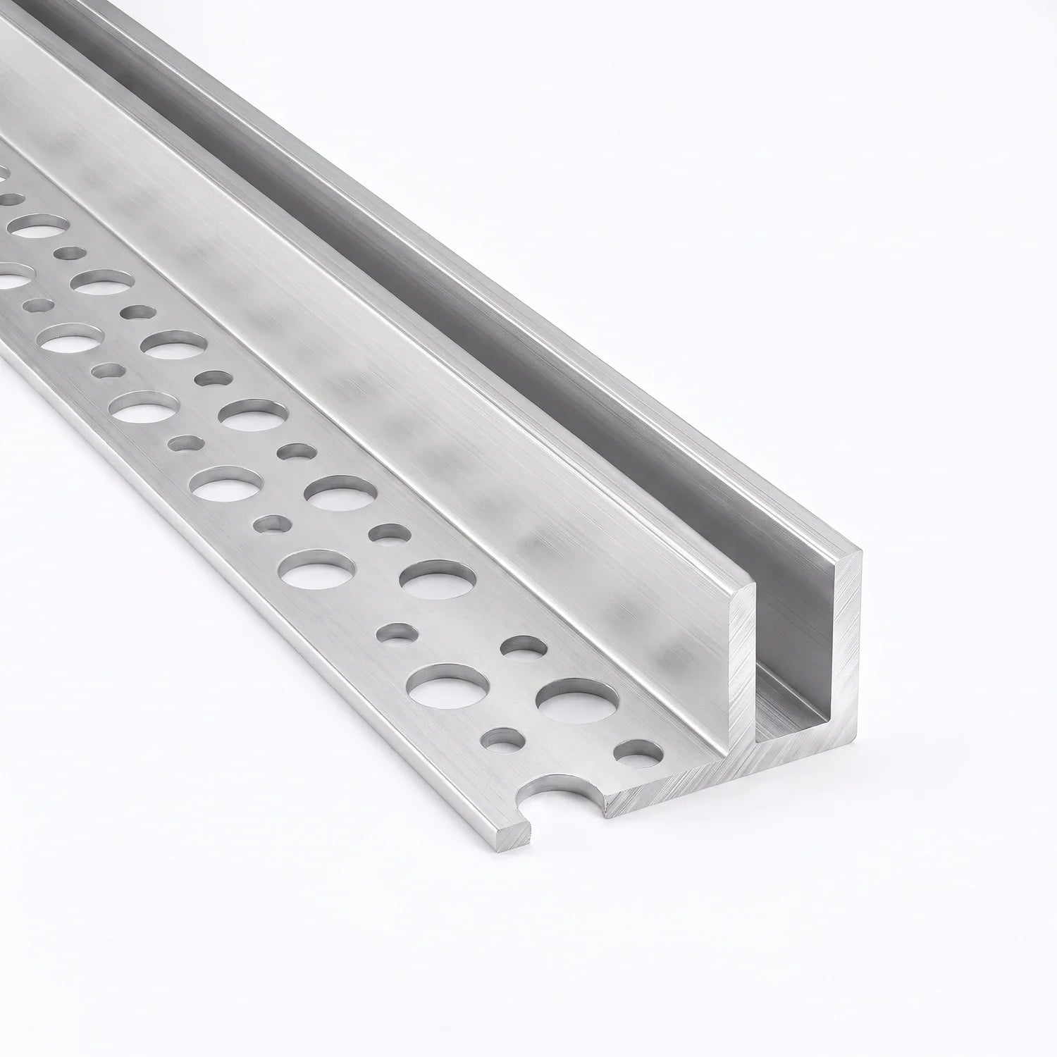 Elevated view of tile-in LED Neon Flex Profile with perforated mounting flange