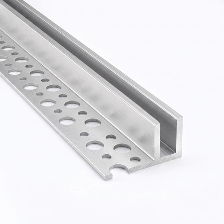 Elevated view of tile-in LED Neon Flex Profile with perforated mounting flange