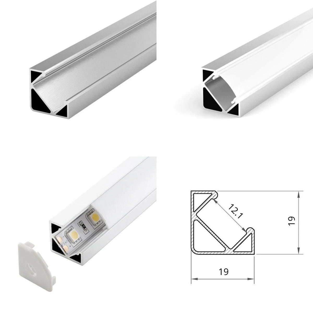 LED Strip Aluminium Corner Profile Milky Cover Cabinet LED Corner Profile 19x19mm — view 3 — House of LEDs UK