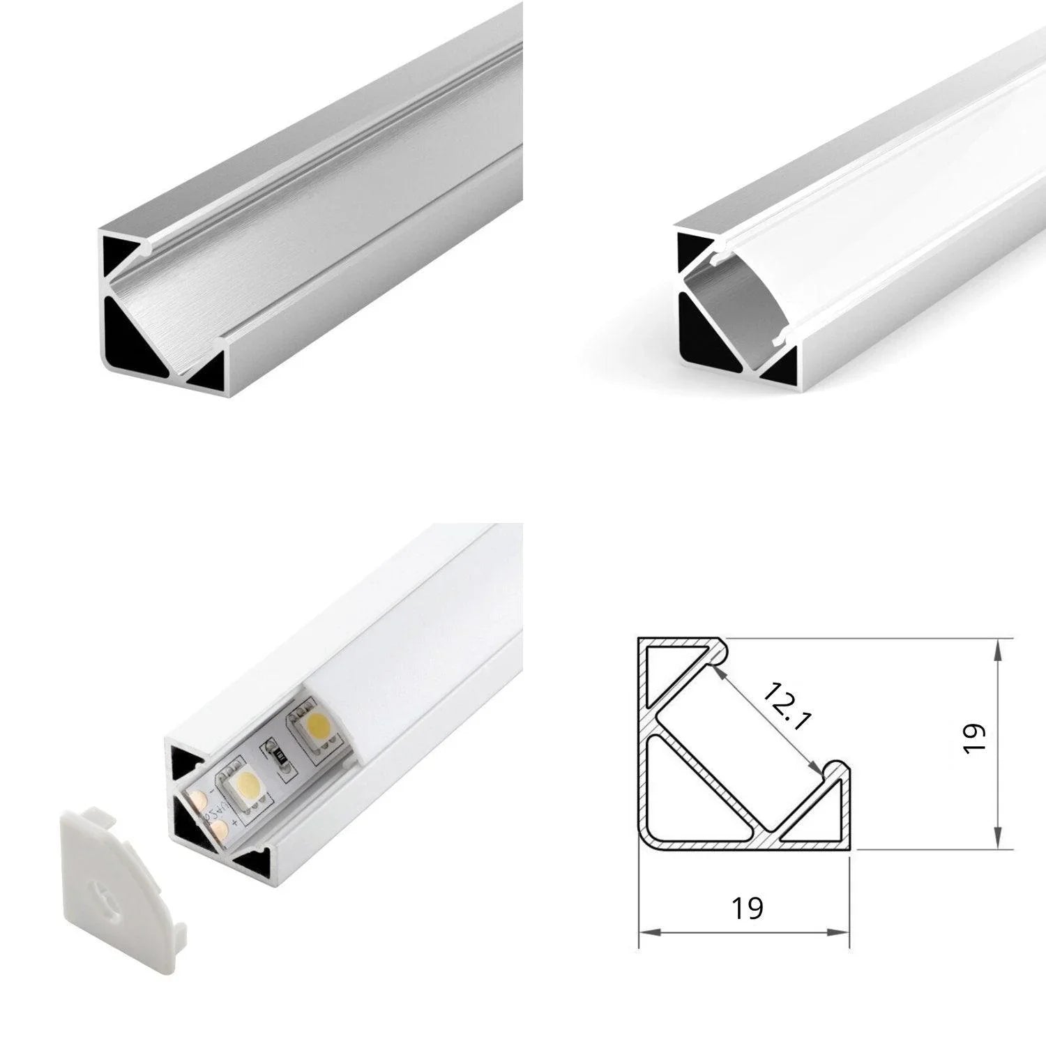 LED Strip Aluminium Corner Profile Milky Cover Cabinet LED Corner Profile 19x19mm — view 3 — House of LEDs UK