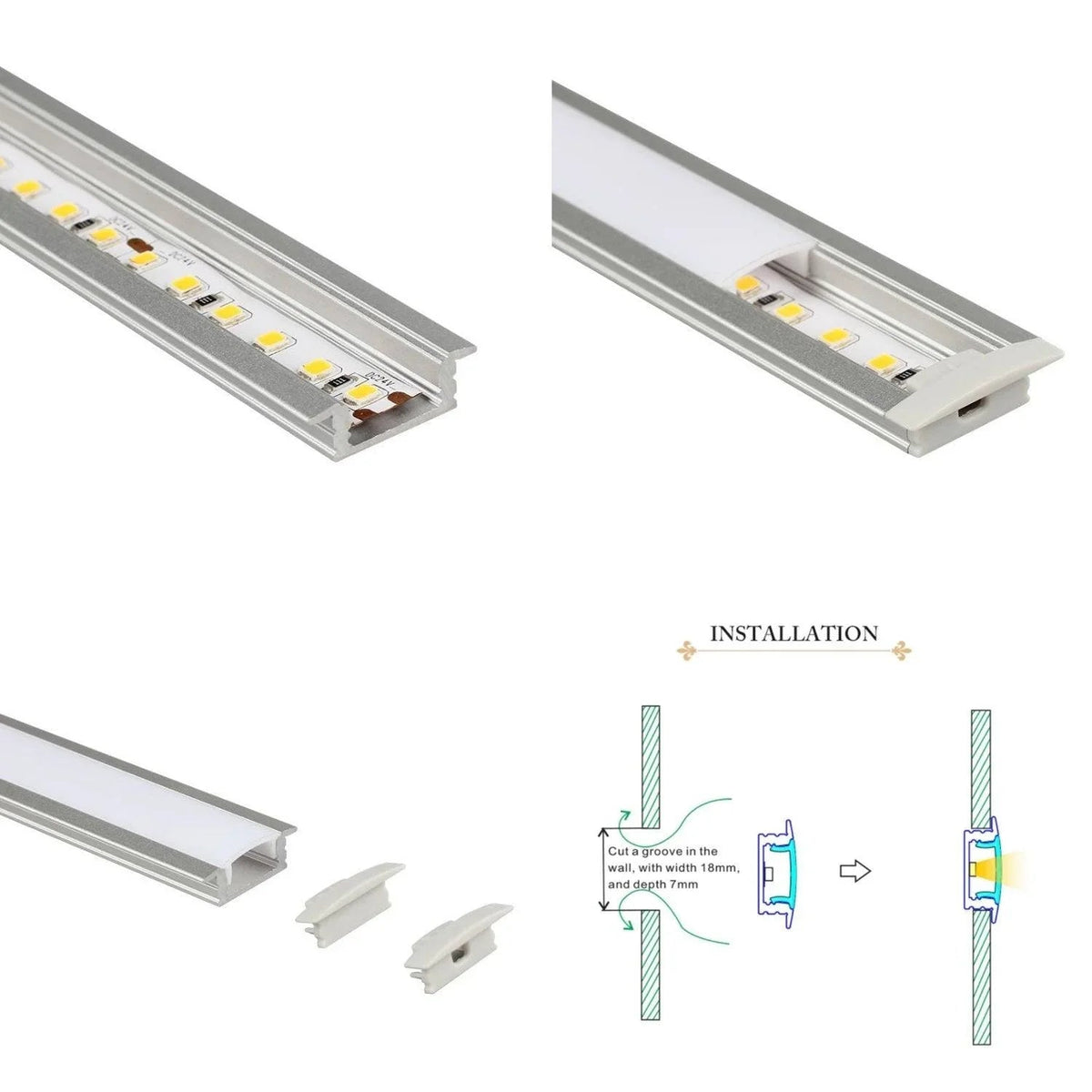 LED Strip Light Aluminium Recessed Profile Milky Cover Cabinet LED Channel — view 4 — House of LEDs UK