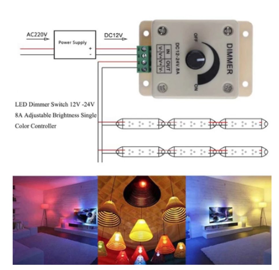 LED Strip & Neon Flex Dimmer Switch DC 12V 24V 8A Adjustable Brightness Single Colour - House of LEDS