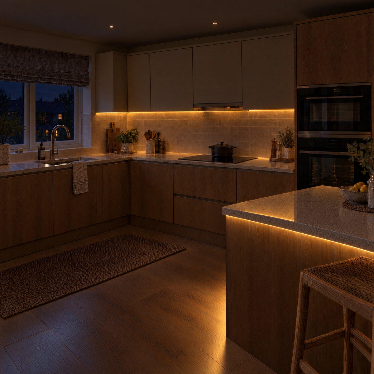 3x6mm mini neon flex in 2700K, recessed into a kitchen in a darker evening view — illustration