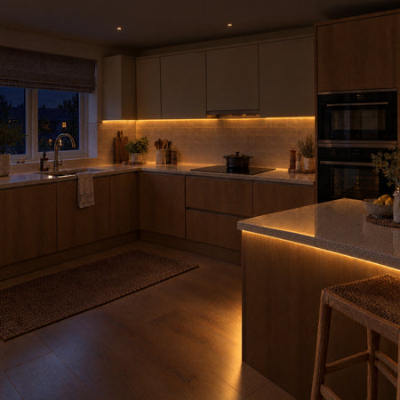 3x6mm mini neon flex in 2700K, recessed into a kitchen in a darker evening view — illustration