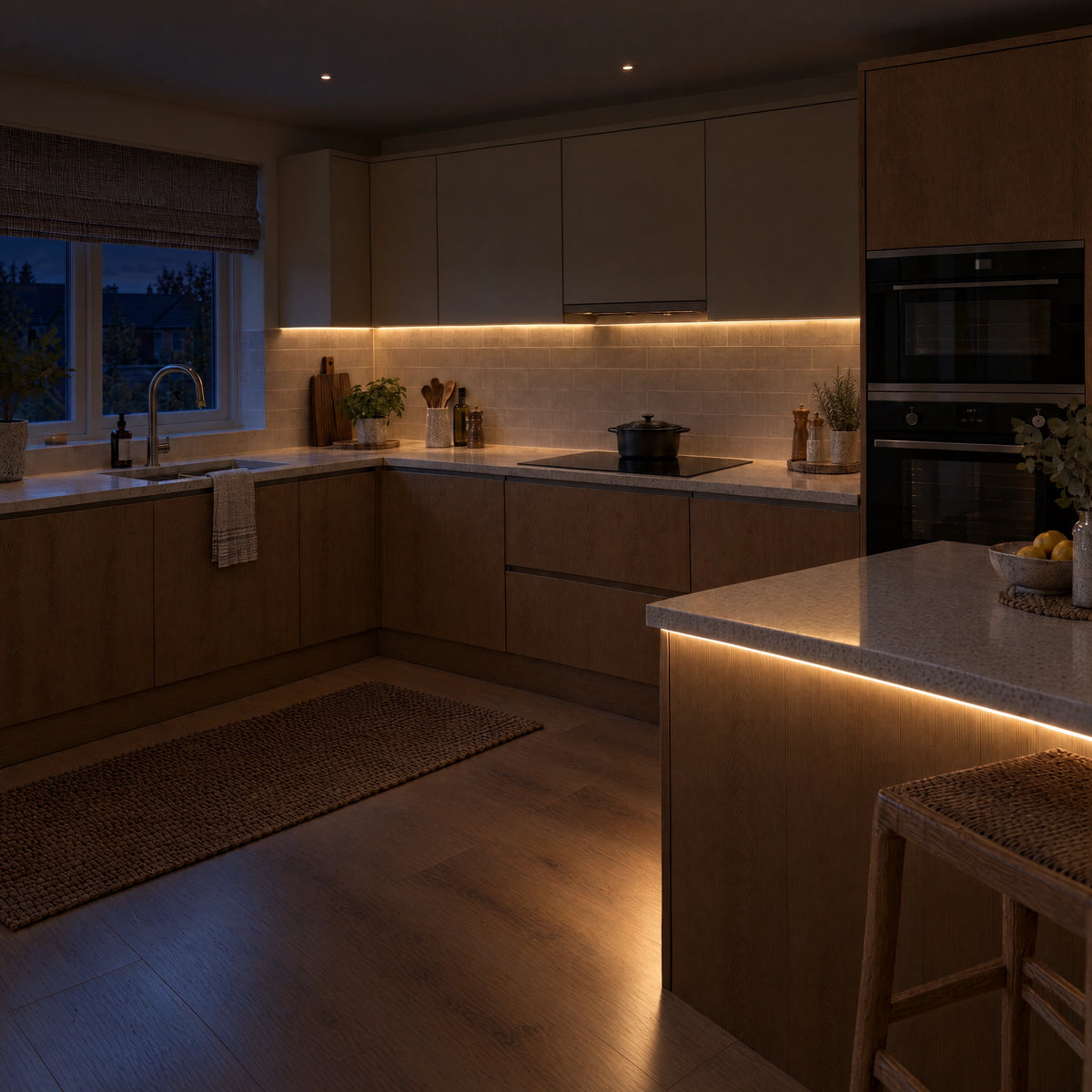 3x6mm mini neon flex in 3000K, recessed into a kitchen in a darker evening view — illustration