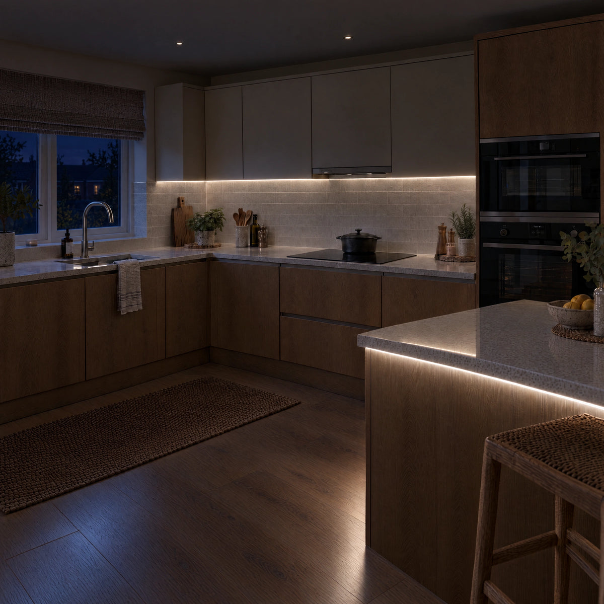 3x6mm mini neon flex in 4000K, recessed into a kitchen in a darker evening view — illustration