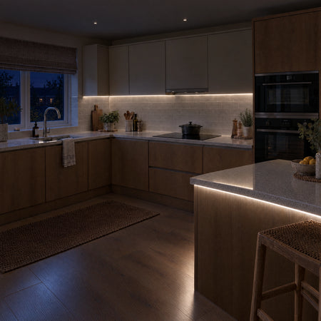 3x6mm mini neon flex in 4000K, recessed into a kitchen in a darker evening view — illustration