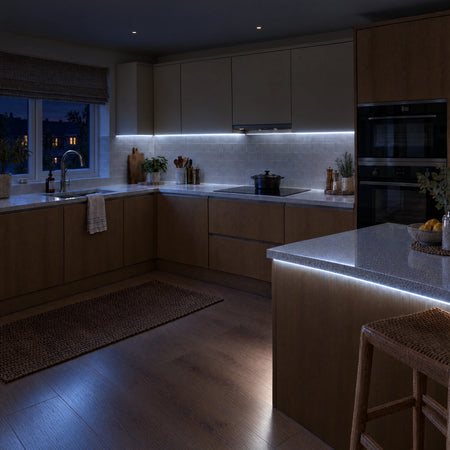 3x6mm mini neon flex in 6000K, recessed into a kitchen in a darker evening view — illustration