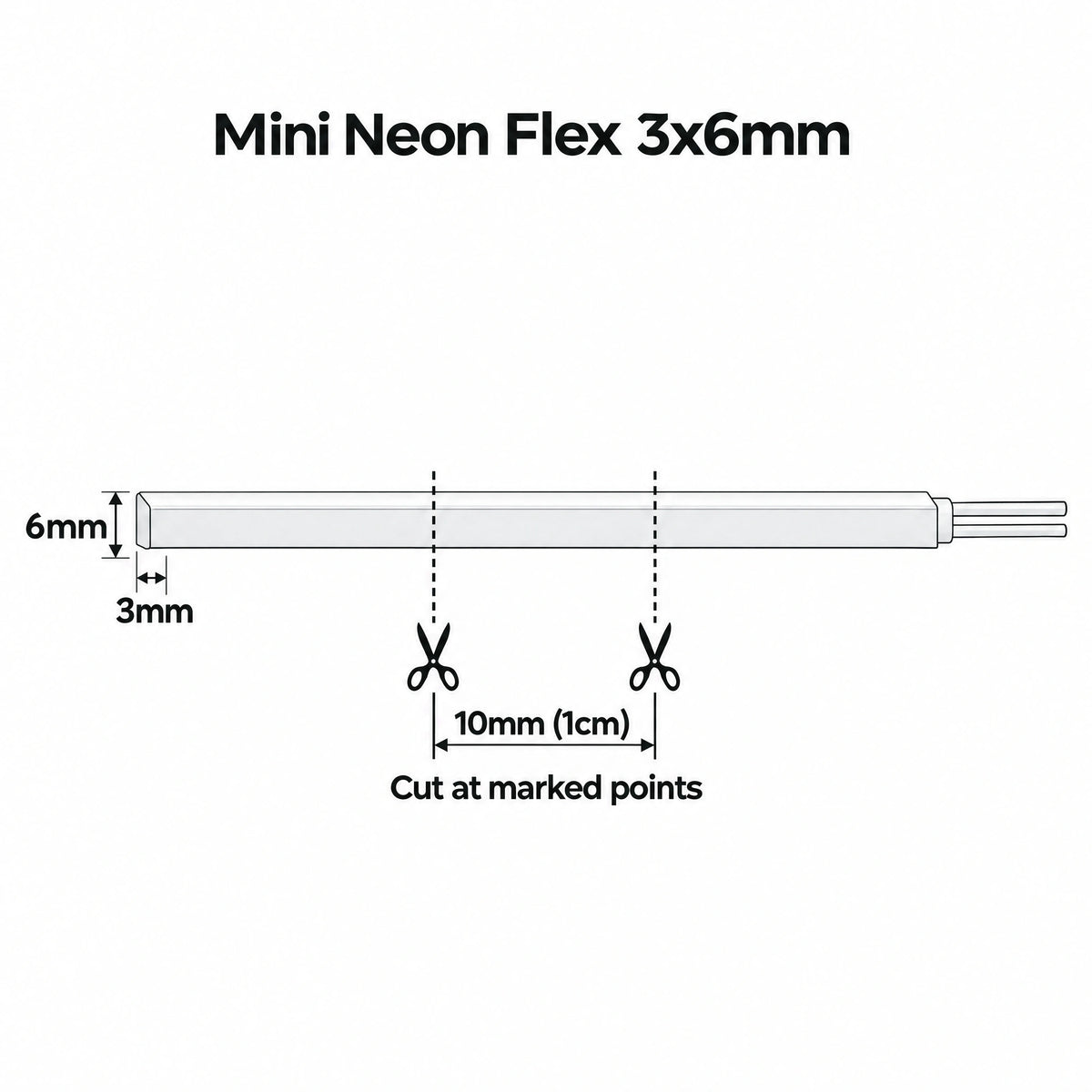 3x6mm mini neon flex cutting guide showing 10mm (1cm) cutting intervals
