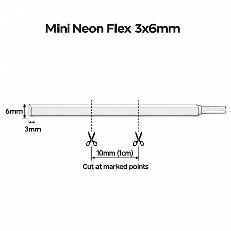 3x6mm mini neon flex cutting guide showing 10mm (1cm) cutting intervals