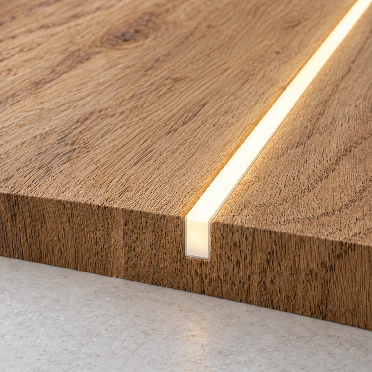 Warm-white mini neon flex recessed into an oak panel — installation reference