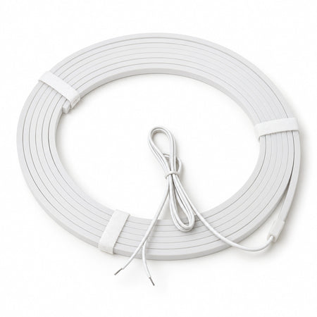 White silicone mini neon flex, switched off, coiled with its power lead — reference illustration