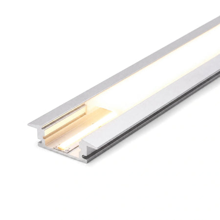 Silver recessed LED profile lit warm white through opal diffuser