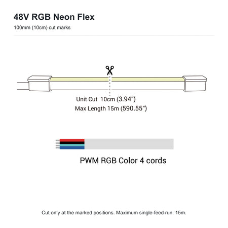 48V RGB neon flex cutting diagram: 100mm (10cm) cut intervals, 15m maximum single-feed run and four-core PWM RGB connection