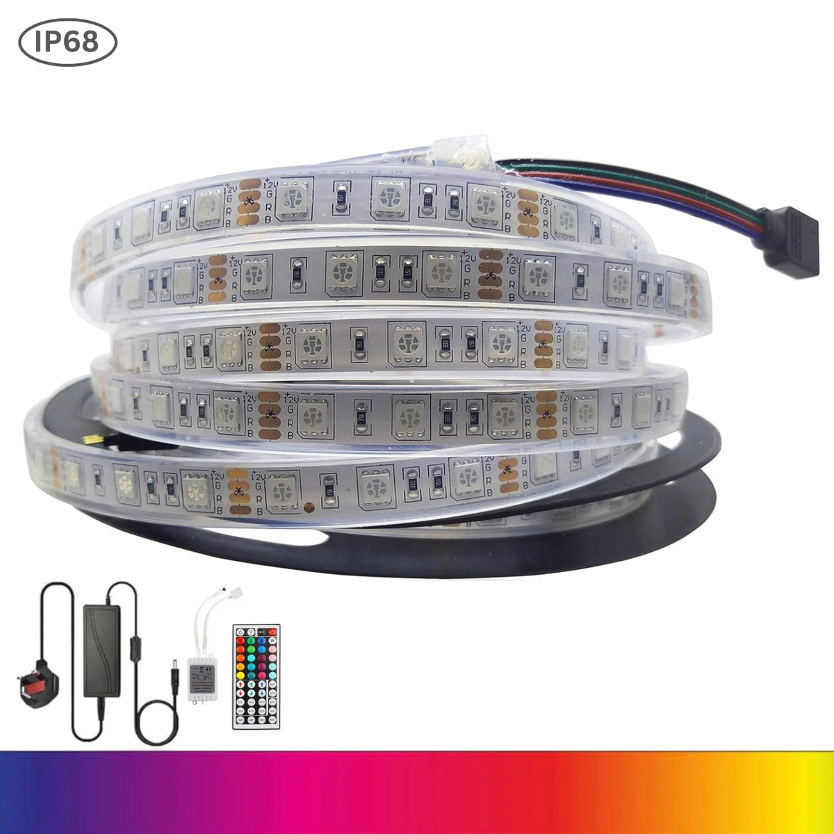 RGB LED Strip 12V 60LEDs/m IP68 Fully Waterproof Dimmable 5 Metre Kit - House of LEDS