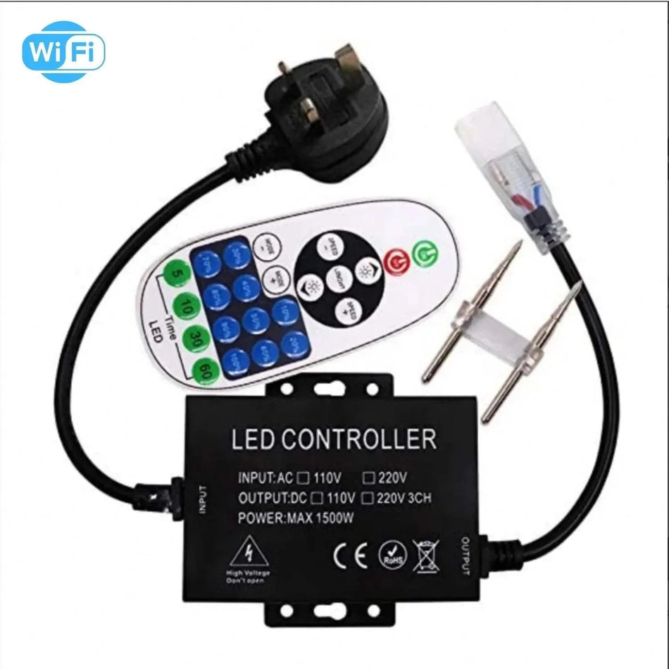 Single Colour Neon Flex AC 220 240V 8x16mm WIFI Dimmer Controller with 23-Key RF Remote Control 1500W for Brightness Adjustment — House of LEDs UK