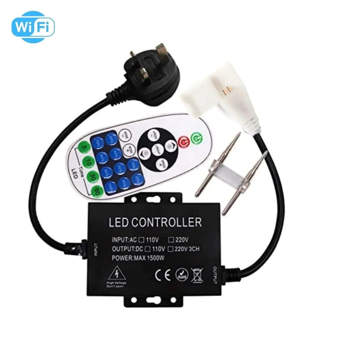 Single Colour Wireless Neon Flex AC 220 240V 8x16mm WIFI Dimmer Controller with 23-Key RF Remote Control 1500W for Brightness Adjustment — House of LEDs UK