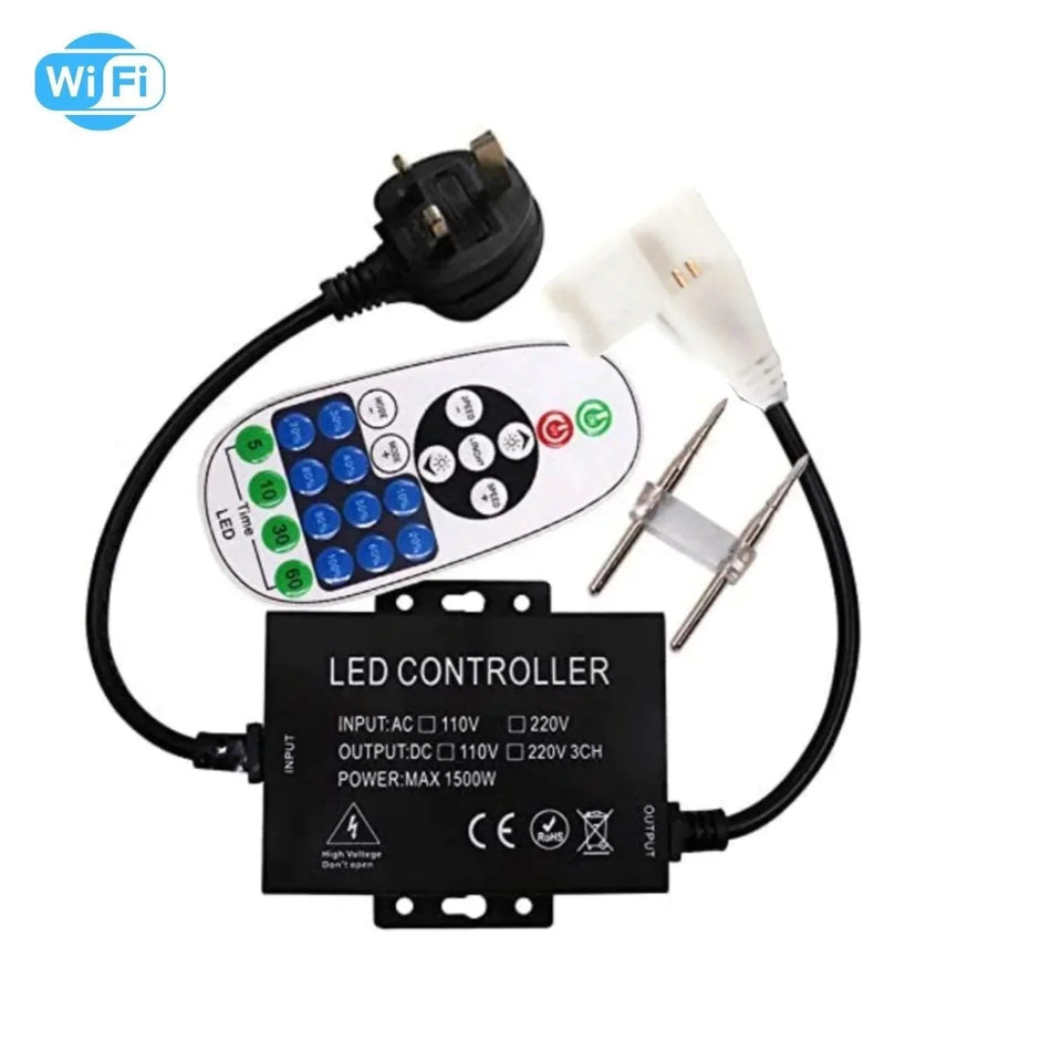 Single Colour Wireless Neon Flex AC 220 240V 8x16mm WIFI Dimmer Controller with 23-Key RF Remote Control 1500W for Brightness Adjustment — House of LEDs UK