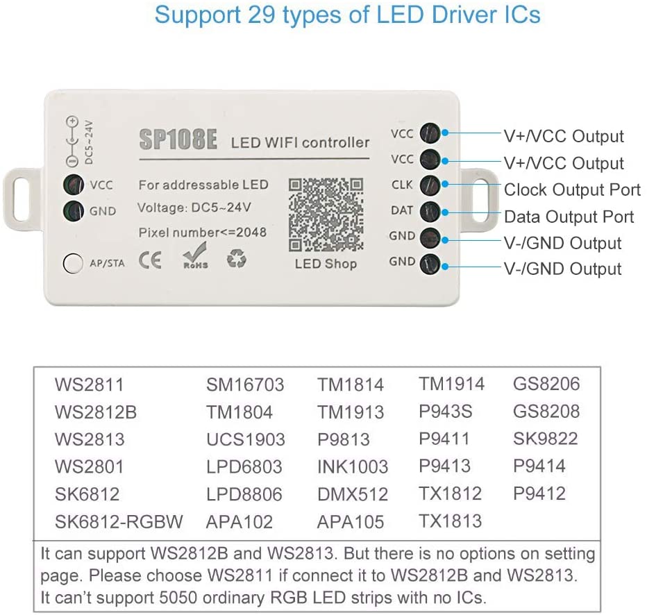 SP108E WiFi Controller DC 5V-24V for SK6812 SK6812-RGBW WS2812 WS2813 WS2811 AL2815 Digital Pixel Strip Light & Neon Flex - House of LEDS