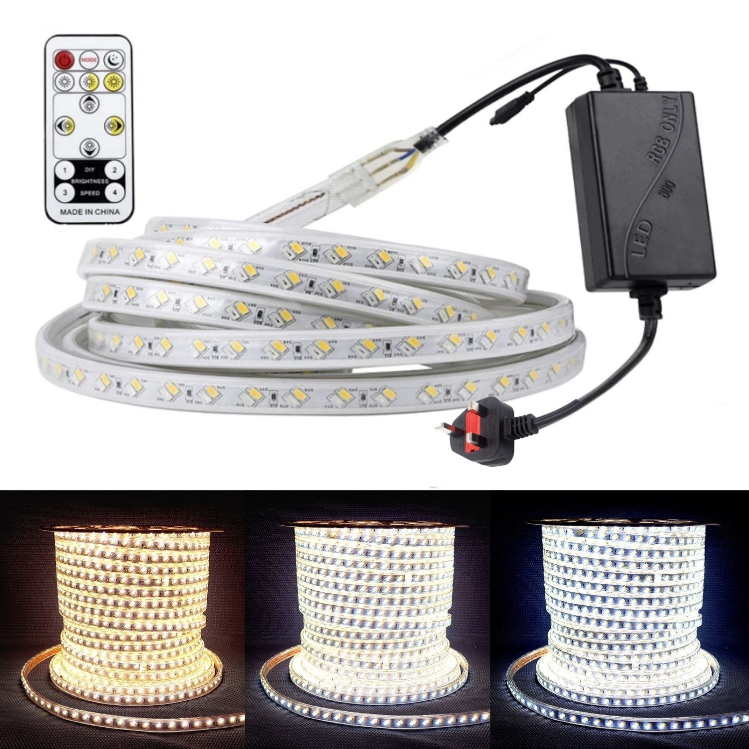 Tricolour LED Strip Light 220V 240V 5730 Warm White, Natural White, Cool White IP65 120LED/m Kit - House of LEDS