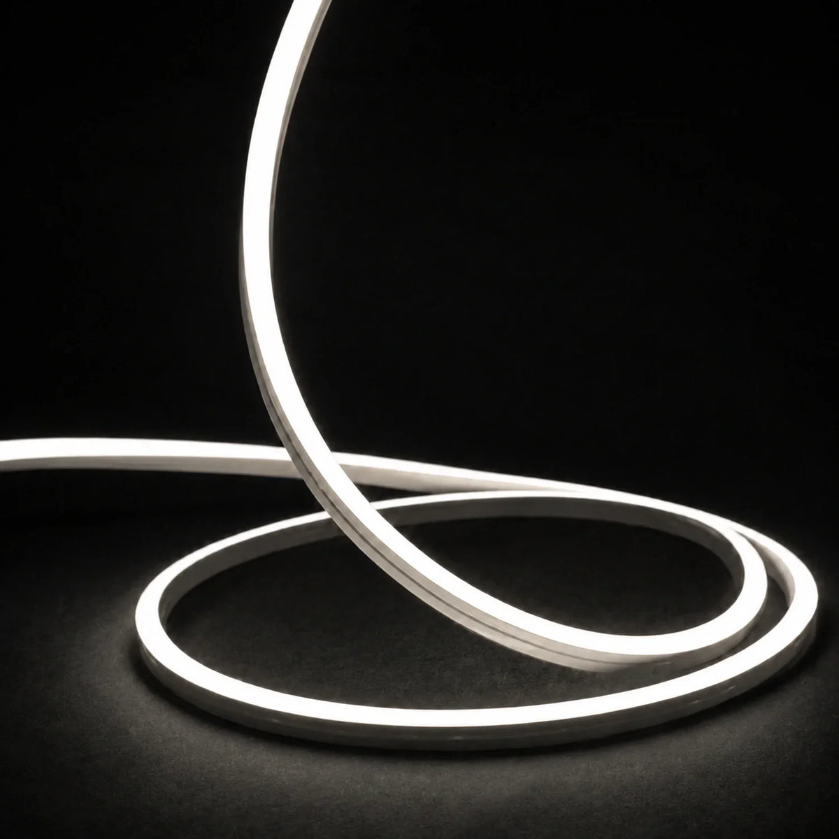 4000K side-bend Neon Flex raised in loops on a dark surface, colour-adjusted product photograph
