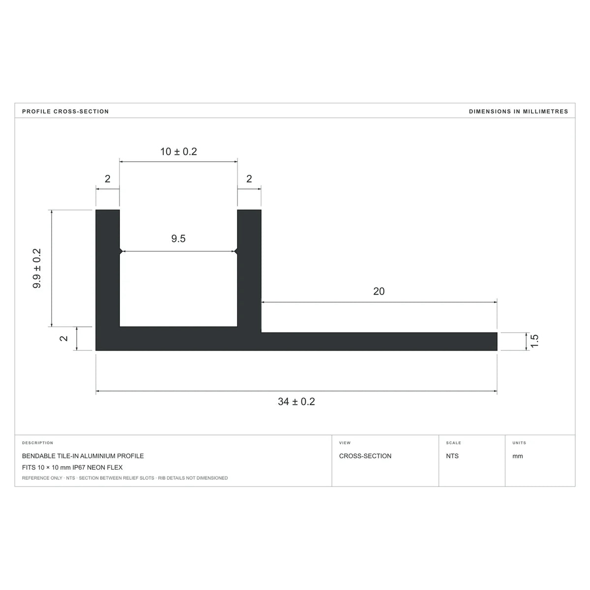 Cross-section dimensions of the bendable tile-in profile for 10×10mm Neon Flex