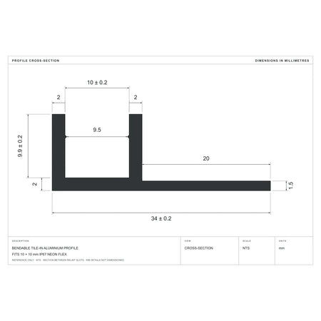 Cross-section dimensions of the bendable tile-in profile for 10×10mm Neon Flex
