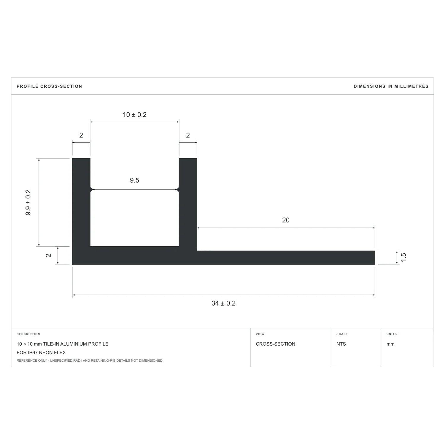 Cross-section dimensions of the straight tile-in profile for 10×10mm Neon Flex