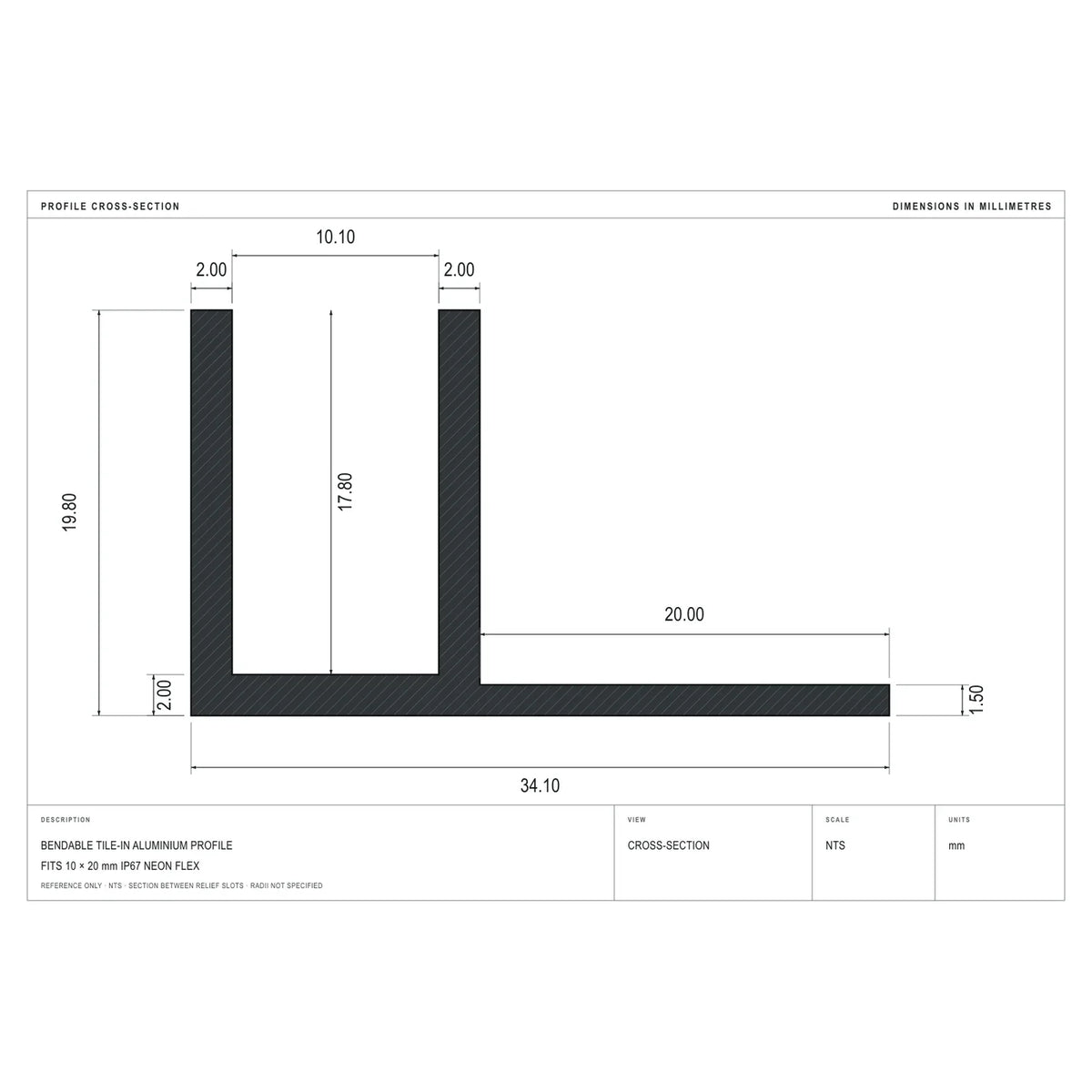 Cross-section dimensions of the bendable tile-in profile for 10×20mm Neon Flex