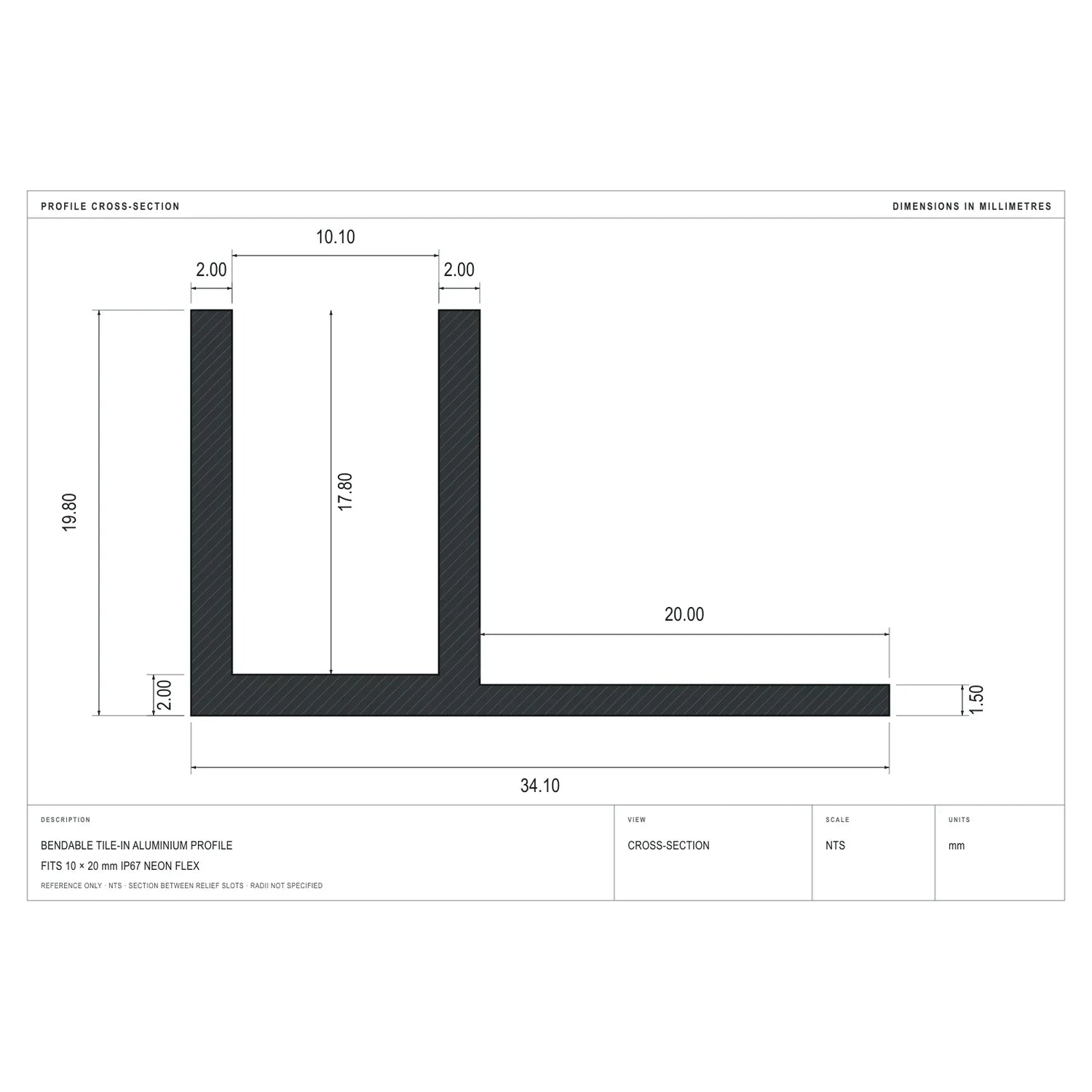 Cross-section dimensions of the bendable tile-in profile for 10×20mm Neon Flex