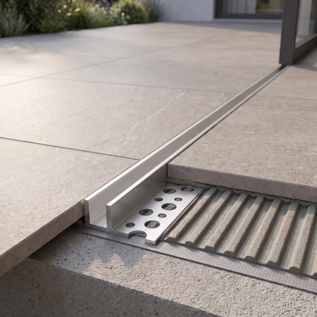 Straight tile-in Neon Flex profile shown flush with an outdoor tiled surface, installation illustration