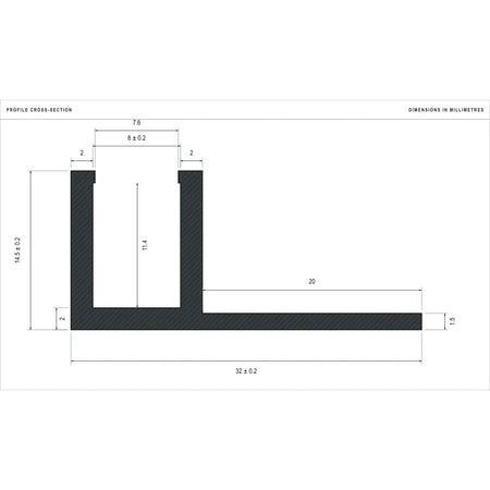 Cross-section dimensions of the straight tile-in profile for 8×16mm Neon Flex