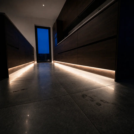 10×6mm Mini Neon Flex used as low-level kitchen plinth lighting, installation illustration