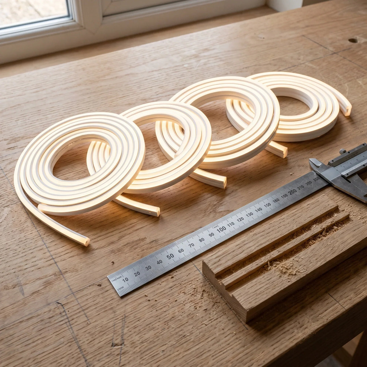 Mini Neon Flex section sizes compared on a joinery workbench