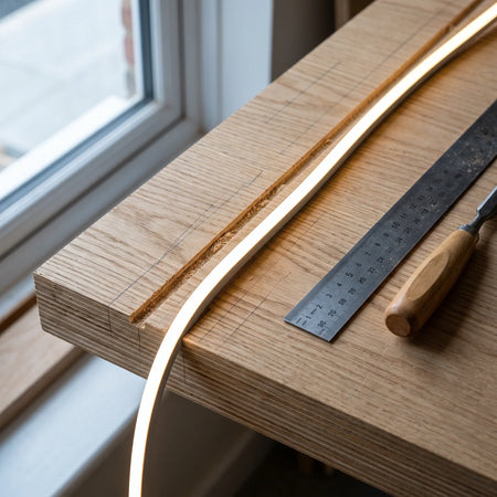 4.5×4.5mm Mini Neon Flex seated in a routed oak-joinery groove, installation illustration