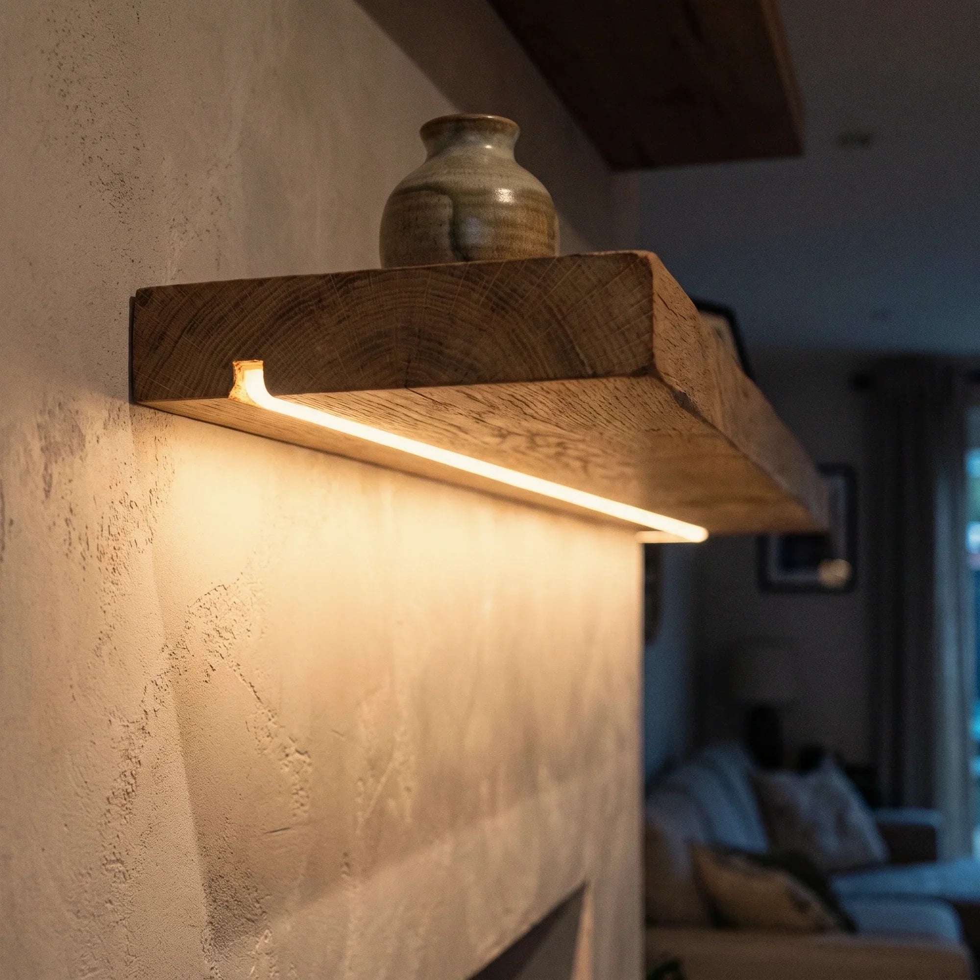 2700K 4.5×4.5mm Mini Neon Flex lighting a shelf shadow gap, installation illustration