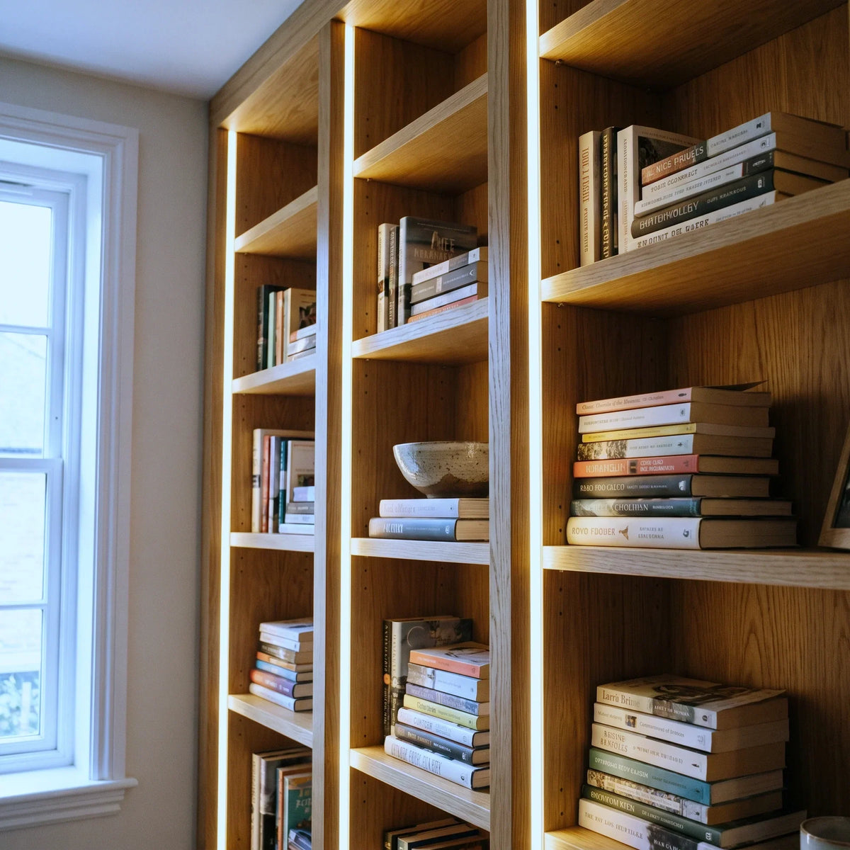6000K 4×10mm Mini Neon Flex lighting bookcase uprights and deep reveals, installation illustration