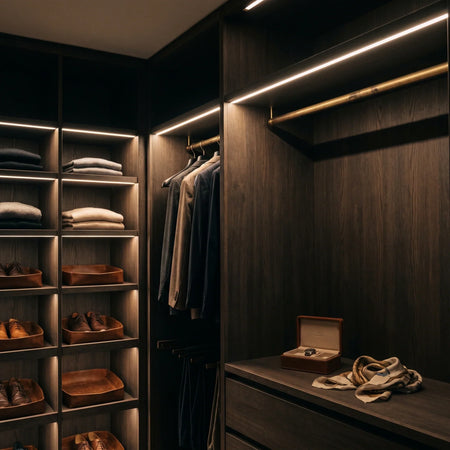 4×10mm Mini Neon Flex recessed into fitted wardrobe shelf edges, installation illustration