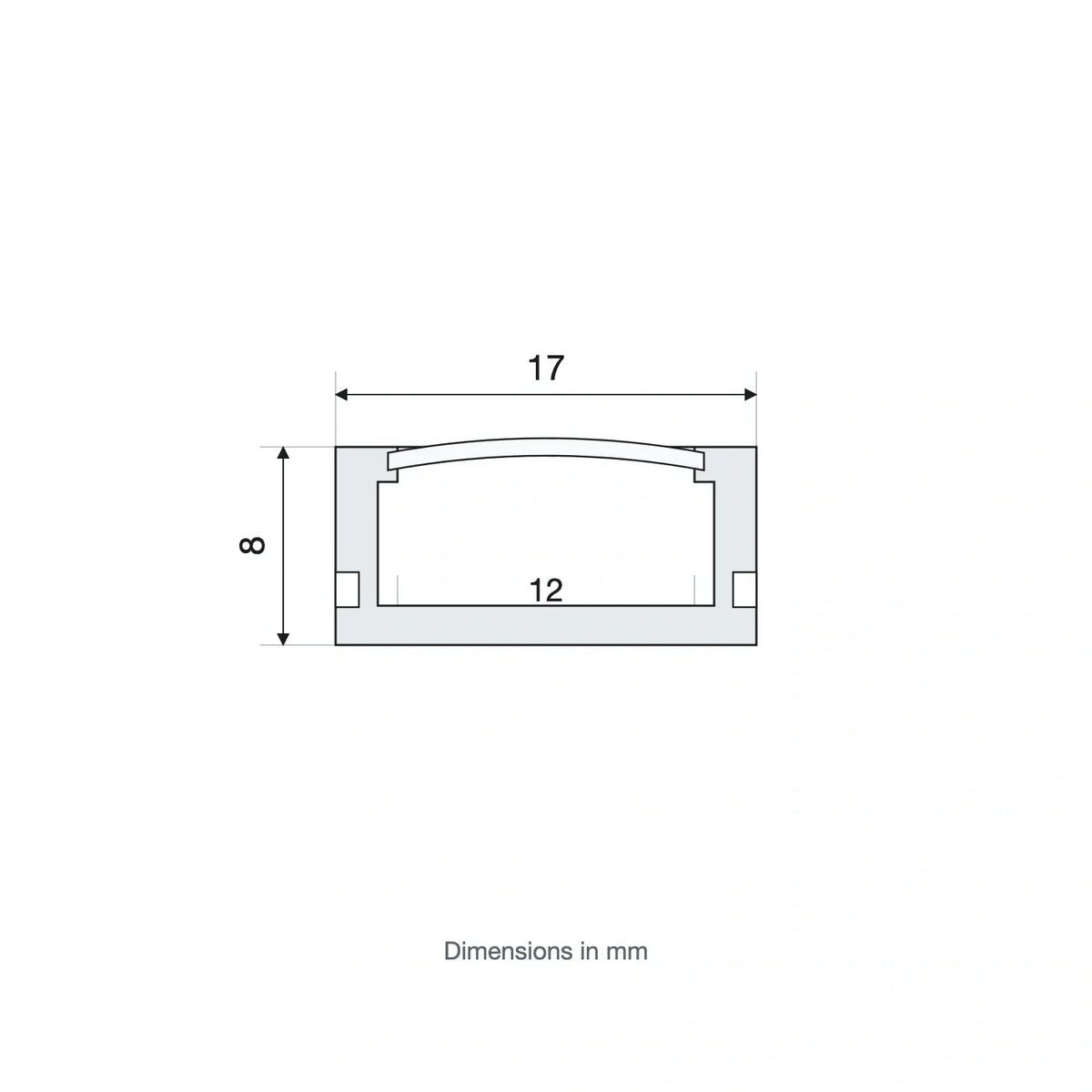 Cross-section of 17x8mm surface LED profile with 12mm internal channel