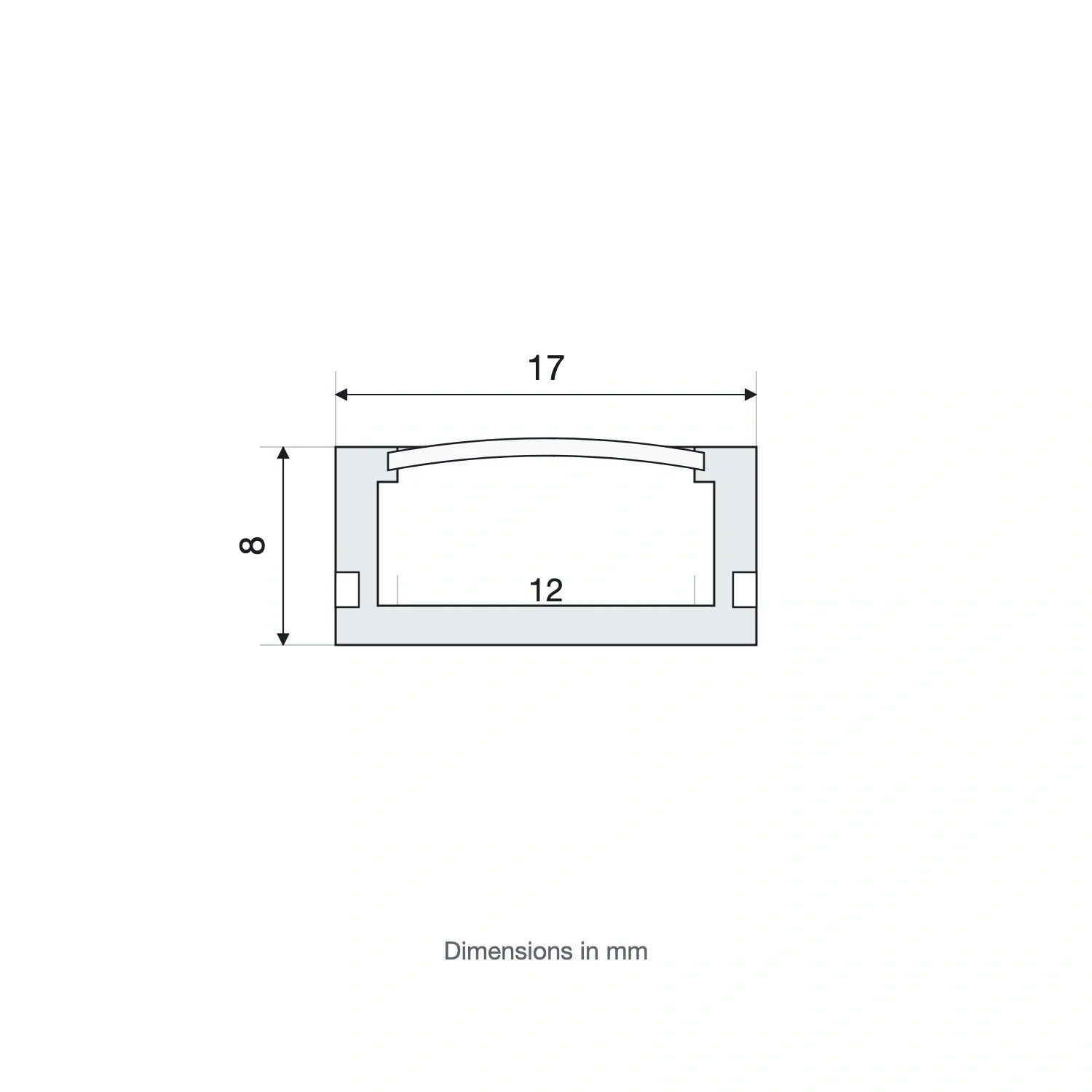 Cross-section of 17x8mm surface LED profile with 12mm internal channel