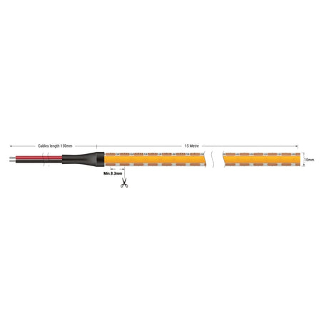 COB LED strip dimensions showing 10mm width, a minimum 8.3mm cut label, 15m length and 150mm two-wire lead.
