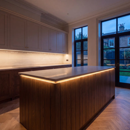 Warm White 2700K COB LED strip kitchen island lighting in a large British kitchen in the evening; installation illustration.
