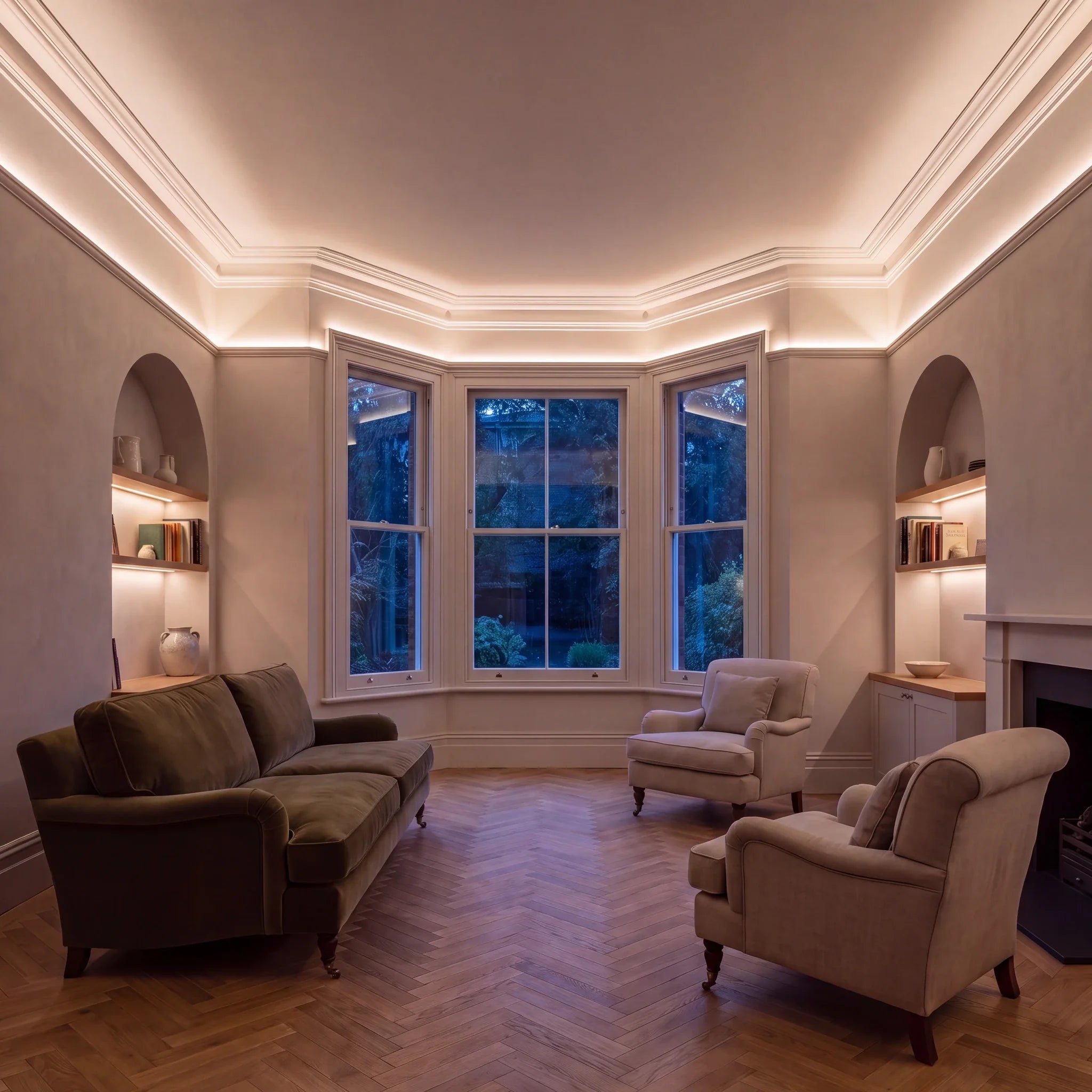 Warm White 3000K COB LED strip ceiling coving lighting in a large British living room in the evening; installation illustration.