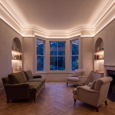 Warm White 3000K COB LED strip ceiling coving lighting in a large British living room in the evening; installation illustration.