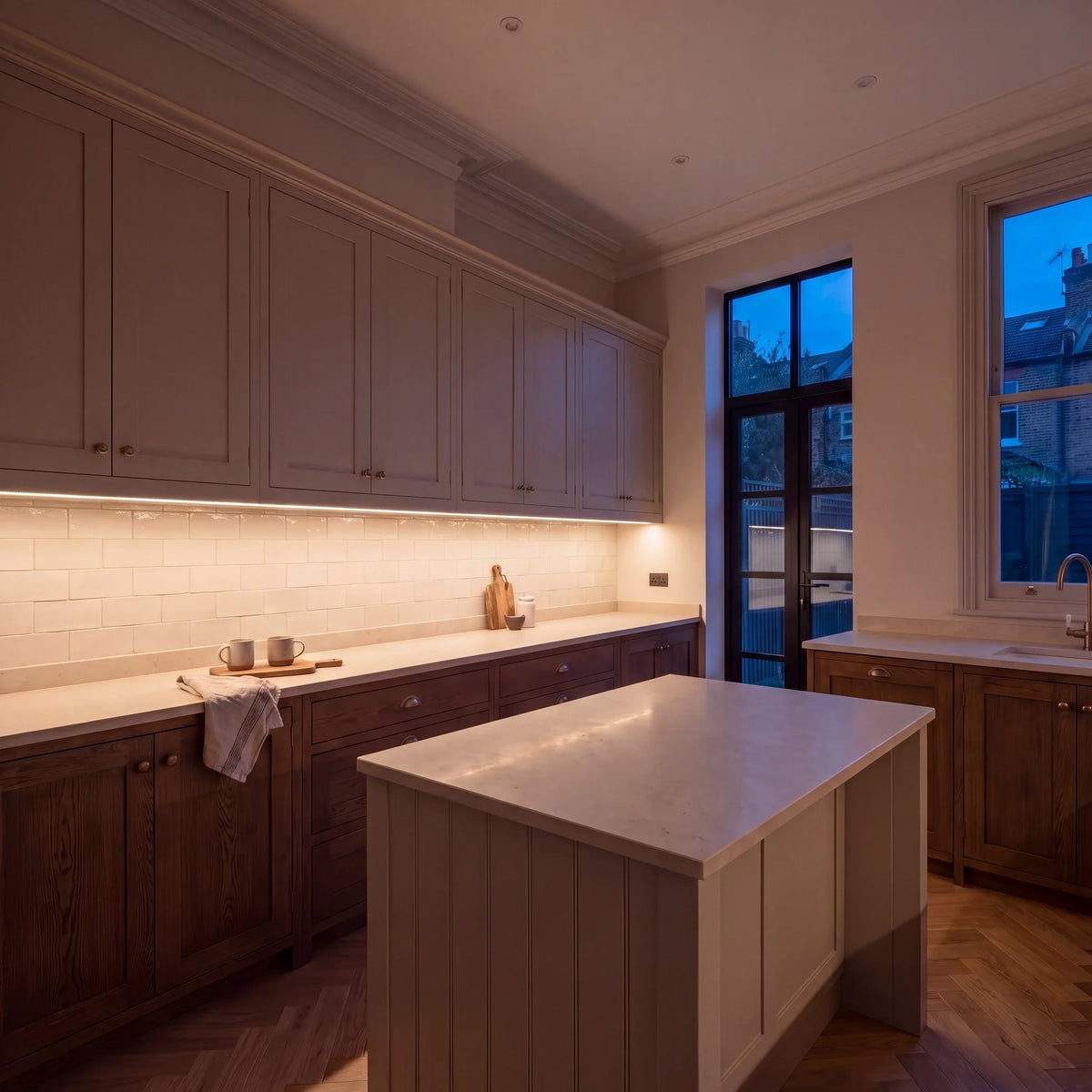 Warm White 3000K COB LED strip lighting beneath wall cabinets in a large British kitchen in the evening; installation illustration.