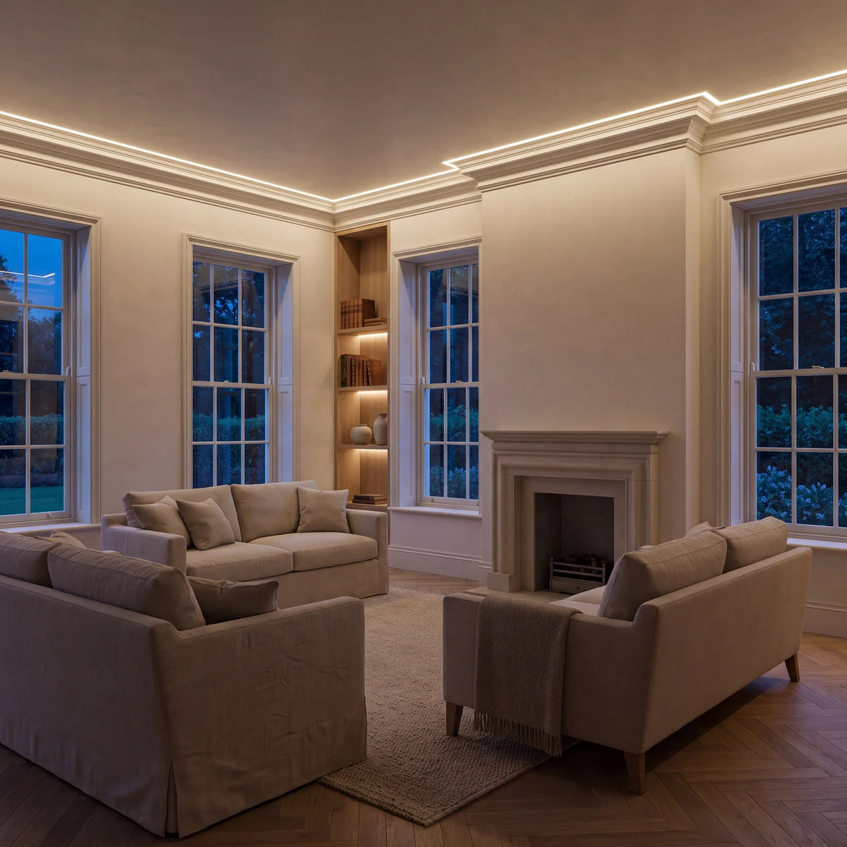 Warm White 2700K COB LED strip ceiling coving lighting in a large British living room in the evening; installation illustration.