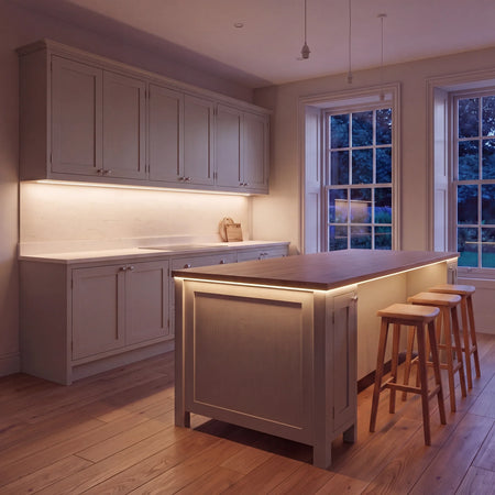 Warm White 2700K COB LED strip kitchen island lighting in a large British kitchen in the evening; installation illustration.