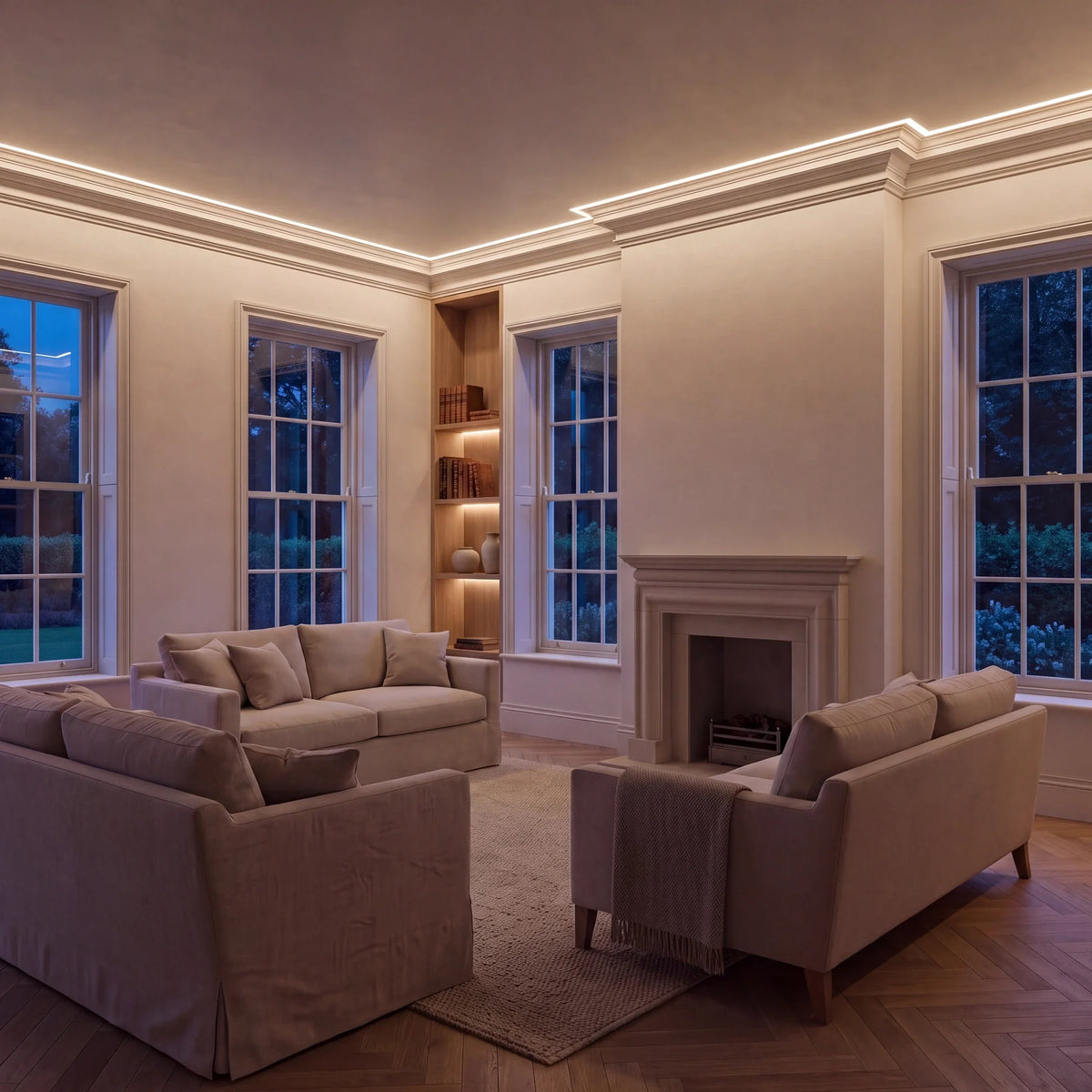 Warm White 3000K COB LED strip ceiling coving lighting in a large British living room in the evening; installation illustration.
